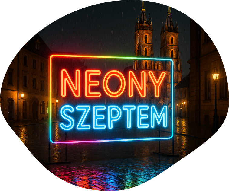Neon z tekstem Neony Szeptem w nocy na tle mokrego od deszczu chodnika i kościoła