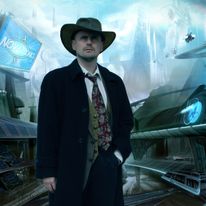 Fotomontaż: młody ja na tle Warsaw City, miasta opisanego na łamach sagi "Gamedec", namalowanego przez Tomasza Marońskiego. Foto: Jarosław Bralski.