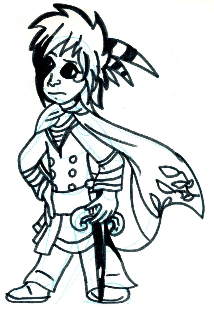 Szkic Mokosz - dziewczyna w swoim fraku przypominającym nieco strój  marynarza połączony z  staropolskim strojem szlachcica. We włosach z bujną czupryną, jak trochę jeż Sonic ma wplecione pióra. Jej broń to szabelka.