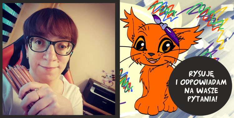 To ja siedzę na obrotowym fotelu w ręce trzymam kredki. Za mną figurka kociej postaci z anime o imieniu Gatomon