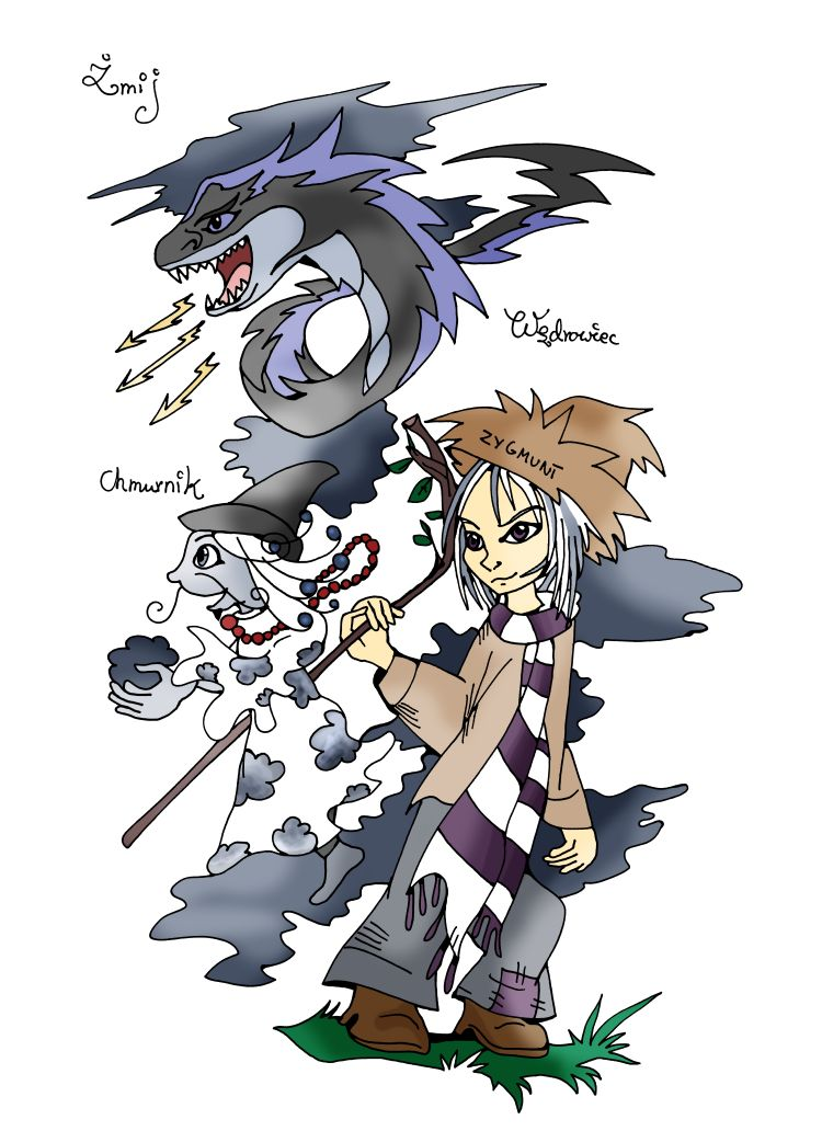 Opis ilustracji: Grafika 3 władców gromów. Żmij, obok niego Chmurnik przedstawiony w ciemnej tiarze i w zwiewnej szacie w chmurki trzyma w dłoni burzową chmurę. Na pierwszym planie jest jeszcze wędrowiec. Człowiek w słomianym kapeluszu, z długim szalikiem, prostej koszuli, luźnych spodniach i w butach kozakach. O tym ostatnim będzie jeszcze inny post.