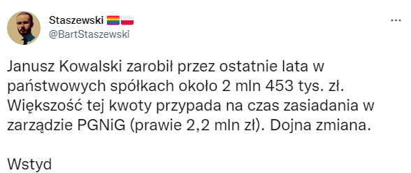 Janusz Kowalski zarobił przez ostatnie lata w państwowych spółkach około 2 mln 453 tys. zł. Większość tej kwoty przypada na czas zasiadania w zarządzie PGNiG (prawie 2,2 mln zł). Dojna zmiana. Wstyd