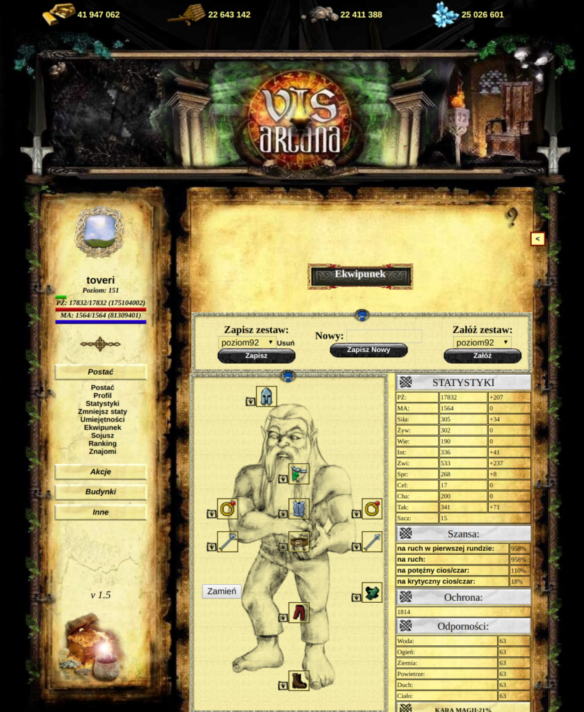 Zrzut ekranu z pierwszej wersji Vis Arcany, widoczny ekwipunek gracza